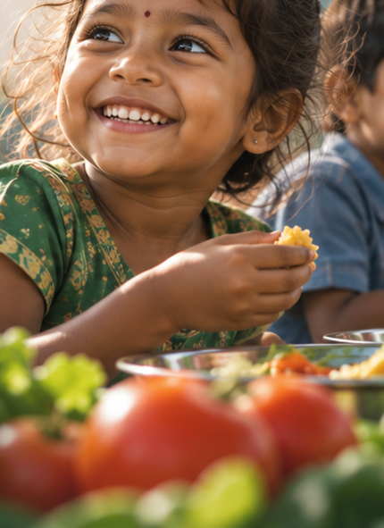 A young girl smiling over a bowl of food at a Shree Sampada nutrition programme