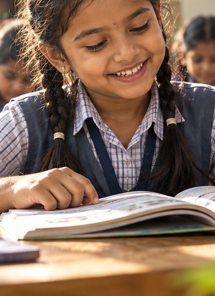 A schoolgirl reading a textbook in a Shree Sampada supported classroom