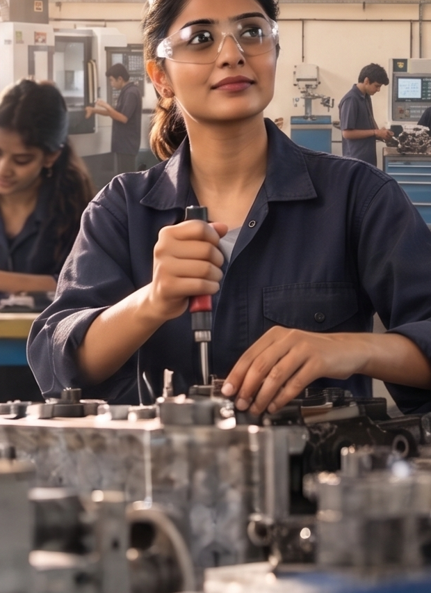 A young woman training with power tools in a Shree Sampada skills lab
