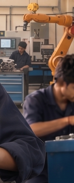 Trainees working with machinery and a robotic arm in the skills lab
